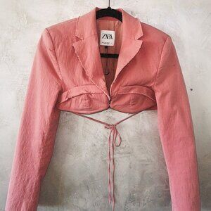 Zara Cropped Blazer - Pink Textured Tie Front
